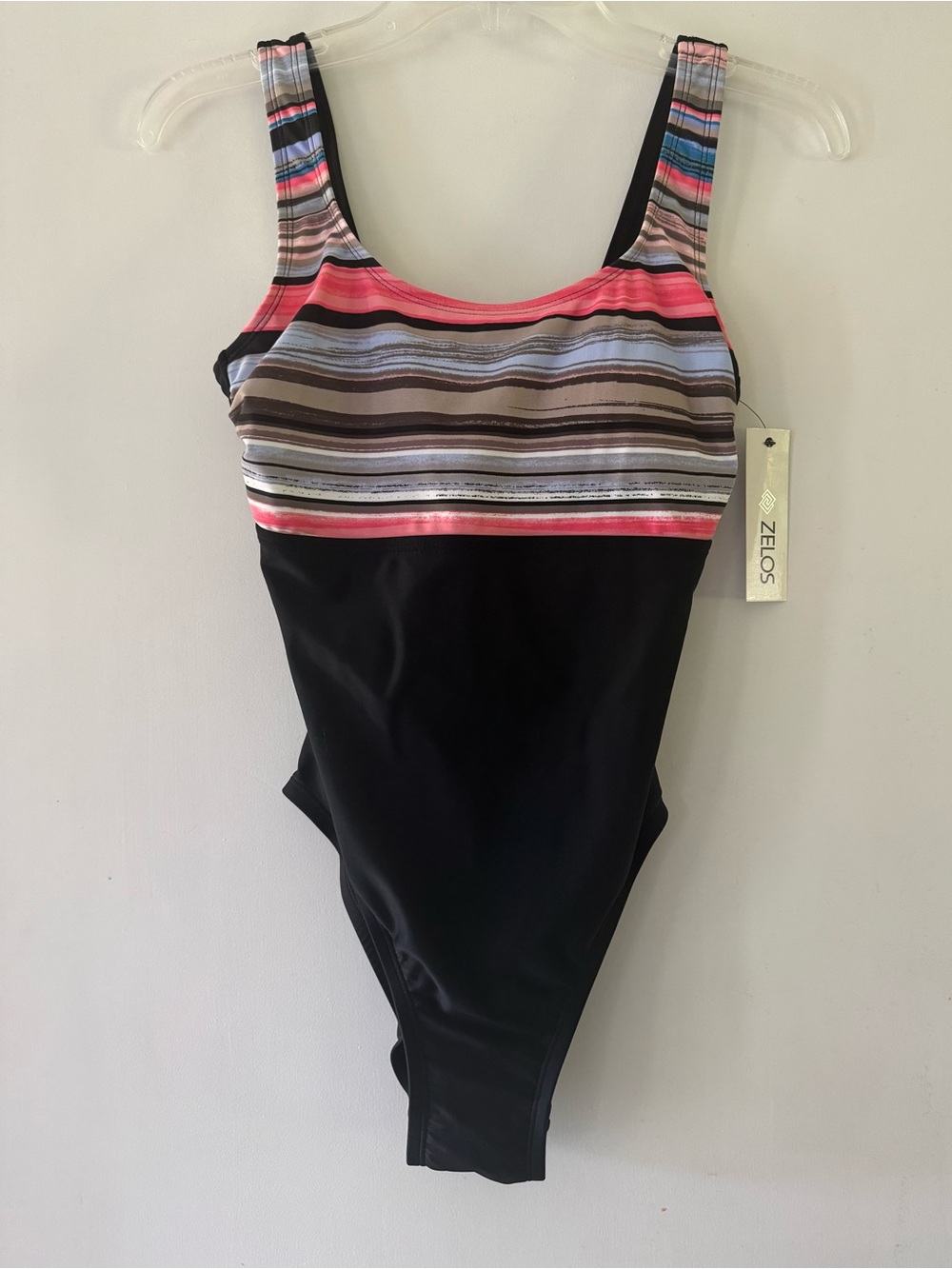 NWT ZELOS Black One-Piece Swimsuit with Multicolor Striped Accent